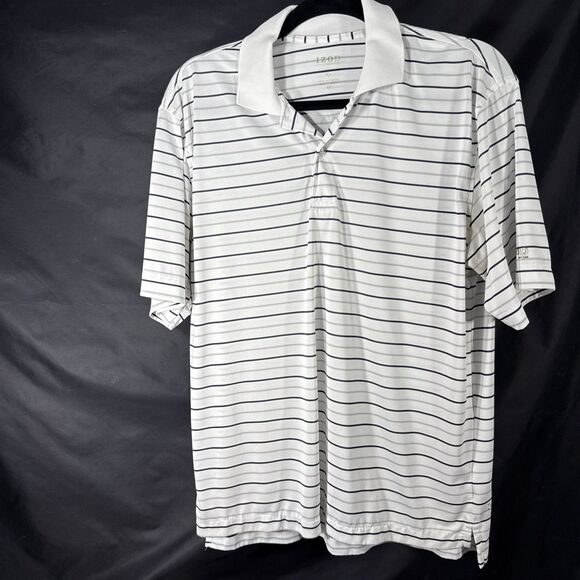 IZOD Shirt Mens Medium White Striped Golf Polo Outdoor Casual Collared Logo - Picture 1 of 5